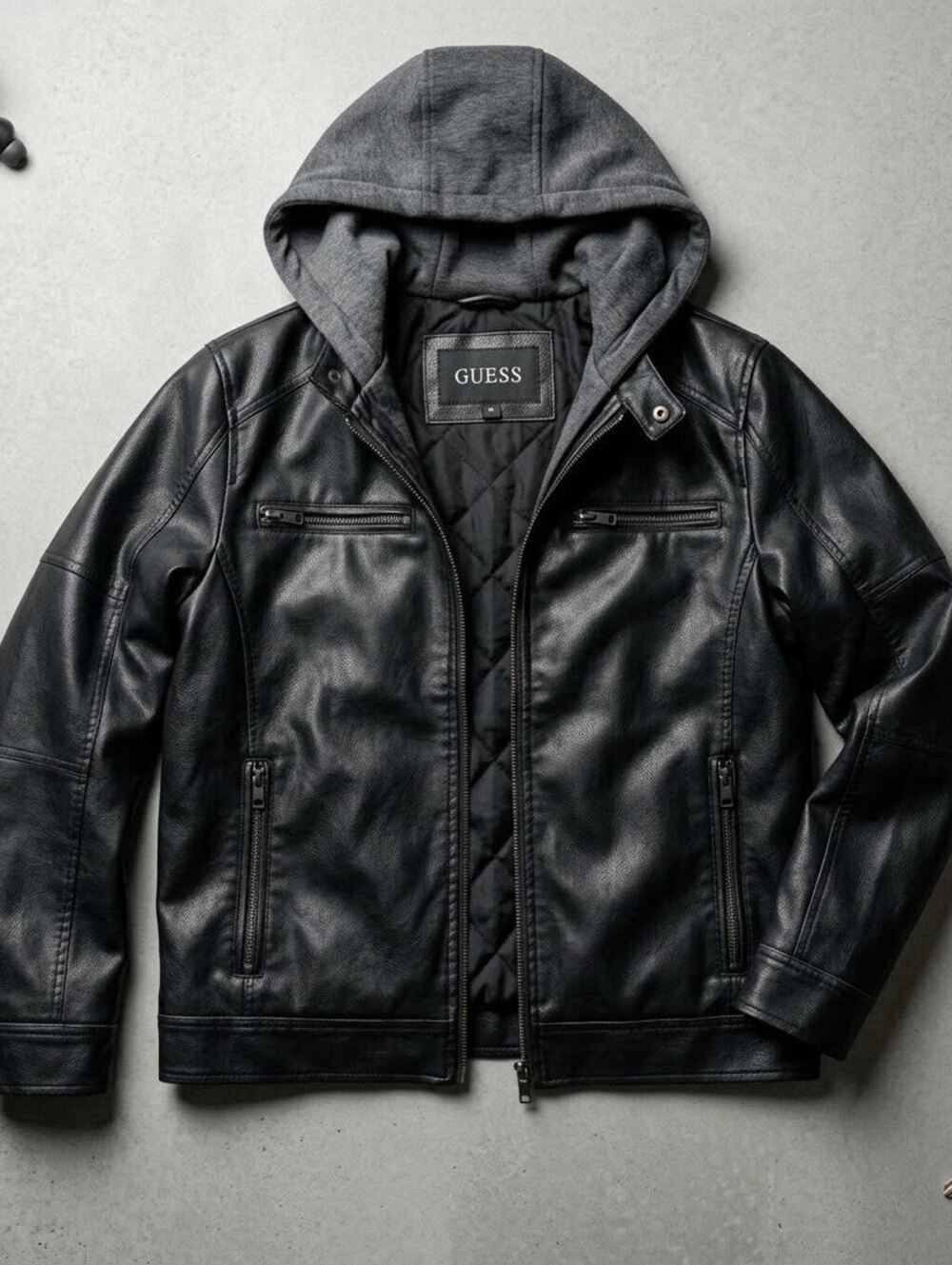 GUESS Mens M Faux Leather Layered Moto Jacket Y2K Grunge Streetwear Biker